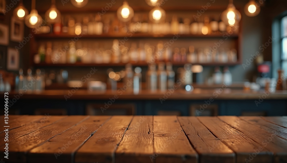 Poster wooden bar table in pub interior with blurred background. counter desk with empty space in cafe. ret