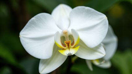 Fototapeta premium A close-up of a white orchid flower with yellow and brown details in the center.