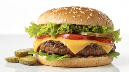Closeup Front View Fresh Tasty Beef and Cheese Burger Isolated on White Background