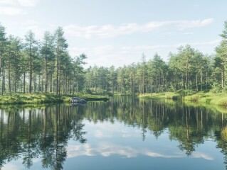 Obraz premium Serene forest reflected on tranquil lake surface under pale blue skies