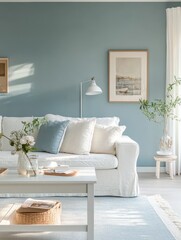 Interior design showcases an elegant room with white furnishings and blue accents