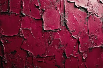 Close-up of textured, peeling maroon paint on a wall, showcasing layers and depth in an urban setting