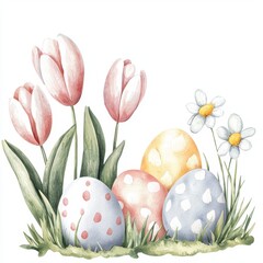 A vibrant illustration featuring colorful Easter eggs nestled among pink tulips and white daisies, symbolizing springtime and renewal.