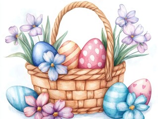 A colorful Easter basket filled with decorated eggs and blooming flowers, symbolizing spring and festive celebrations.