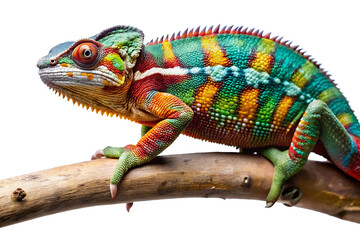 Obraz premium close up of a chameleon on tree branch isolated on white background