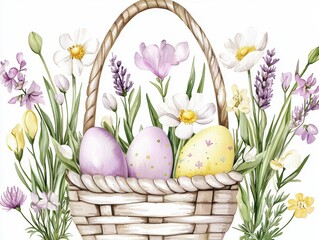A beautifully illustrated basket filled with pastel-colored Easter eggs surrounded by a variety of blooming spring flowers.