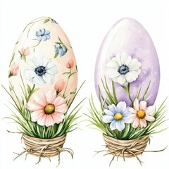 Obraz premium Two beautifully decorated Easter eggs sit in nests, adorned with pastel flowers and green grass, capturing the essence of spring and celebration.