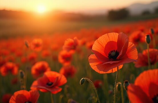Vibrant poppy field in bloom at sunset. A symbol of remembrance and sacrifice. Red poppies with green stems and flower buds under warm sunlight. Memorial day background.