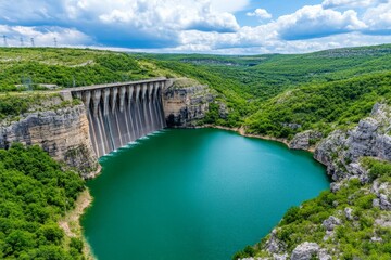 A high-angle drone shot of a hydroelectric power station at the base of a dam
