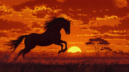 Silhouette of a majestic horse running against a deep red sunset in the African savannah

