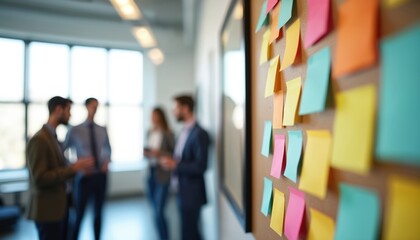 Bulletin board in modern office with colorful sticky notes. Business people in conversation at blurry background. Brainstorming teamwork concept in corporation. Project planning, organization. Office