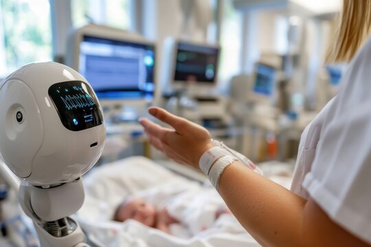 An advanced healthcare robot assists healthcare professionals in providing vital care to newborns, exemplifying the future of robotics in medicine and patient support.