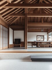 A interior view of an minimalist home showcasing traditional wooden structure