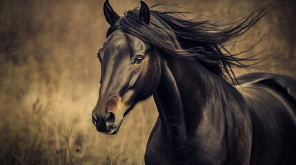 Sepia-toned dramatic portrait of a powerful horse with a flowing mane in motion


