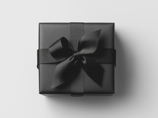 The image is of a black gift box with a black ribbon tied in a bow on top. The box is square in shape and appears to be made of a glossy material. The ribbon is tied in an elegant manner, with the bow
