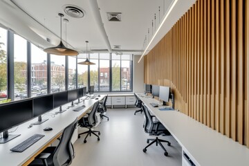 Modern office, city view, desks, computers, wood wall