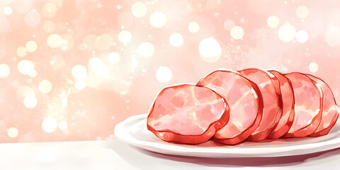  Premium Quality Thinly Sliced Ham with a Soft and Tender Texture, Perfect for Gourmet Dishes and Appetizing Food Presentations


