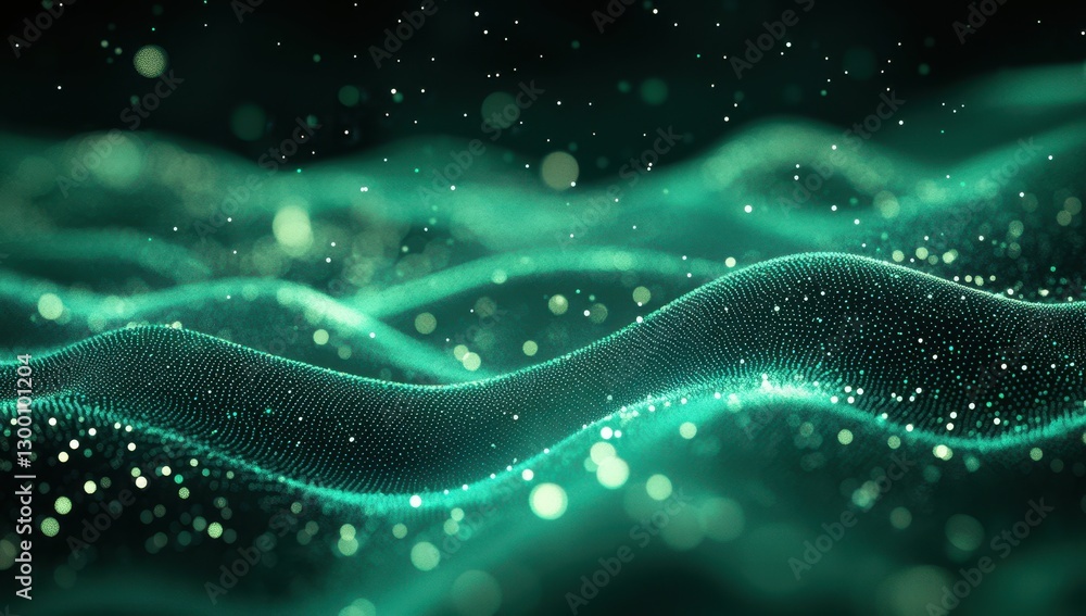 Poster abstract flowing green waves with glowing particles and soft light creating a mesmerizing underwater