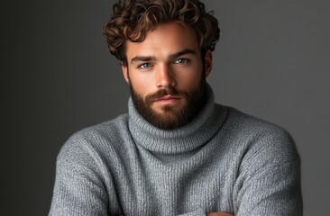 Obraz premium Stylish man posing in a gray sweater with a contemplative expression
