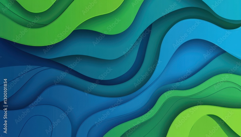 Poster abstract flowing waves in vibrant shades of green and blue, creating a dynamic and modern digital ba