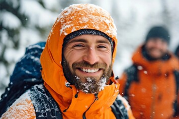 Happy Man in Orange Winter Jacket Snow Covered Beard Smiling Outdoors