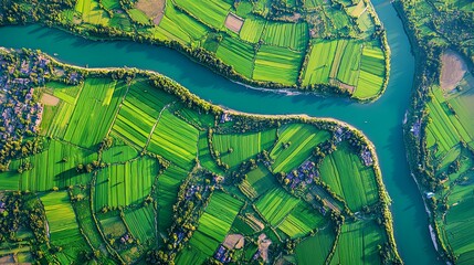 Obraz premium Serene River Meandering Through Lush Green Farmlands: An Aerial View