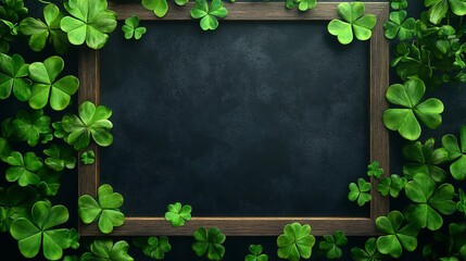 A dark chalkboard framed by vibrant green shamrock leaves, arranged in a decorative border, creating a festive St. Patrick's Day themed background.
