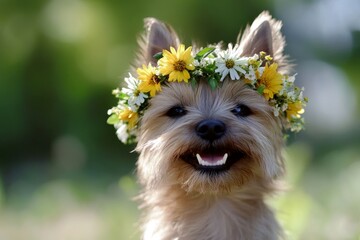 Fototapeta premium Holiday season happiness. Cute baby dog cairn terrier wearing untamed flower crown on its head. Sunny daylight. Cute puppy in a blooming field. Puppy exploring nature. Summer retreat for pet.