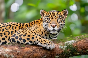 Fototapeta premium A jaguar resting on a tree branch in the middle of a thick jungle, eyes scanning the surroundings