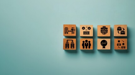 Wooden cubes with B2B icons on a light blue background, symbolizing B2B marketing, ecommerce solutions, and lead generation tactics
