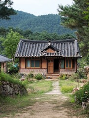 Fototapeta premium A traditional house surrounded by nature and lush foliage