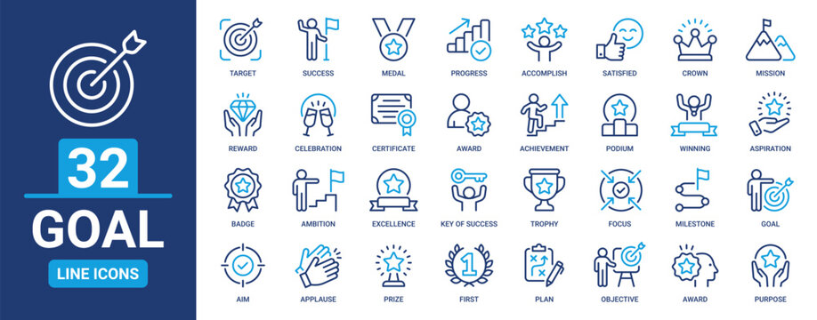 Goal icon set. Containing success, achievement, mission, medal, reward, aim, target, celebration and trophy. Outline icons vector collection.