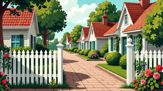 A white picket fence separates a street from a row of houses. The houses are all white and have red roofs. There are several potted plants and flowers in front of the houses, including roses