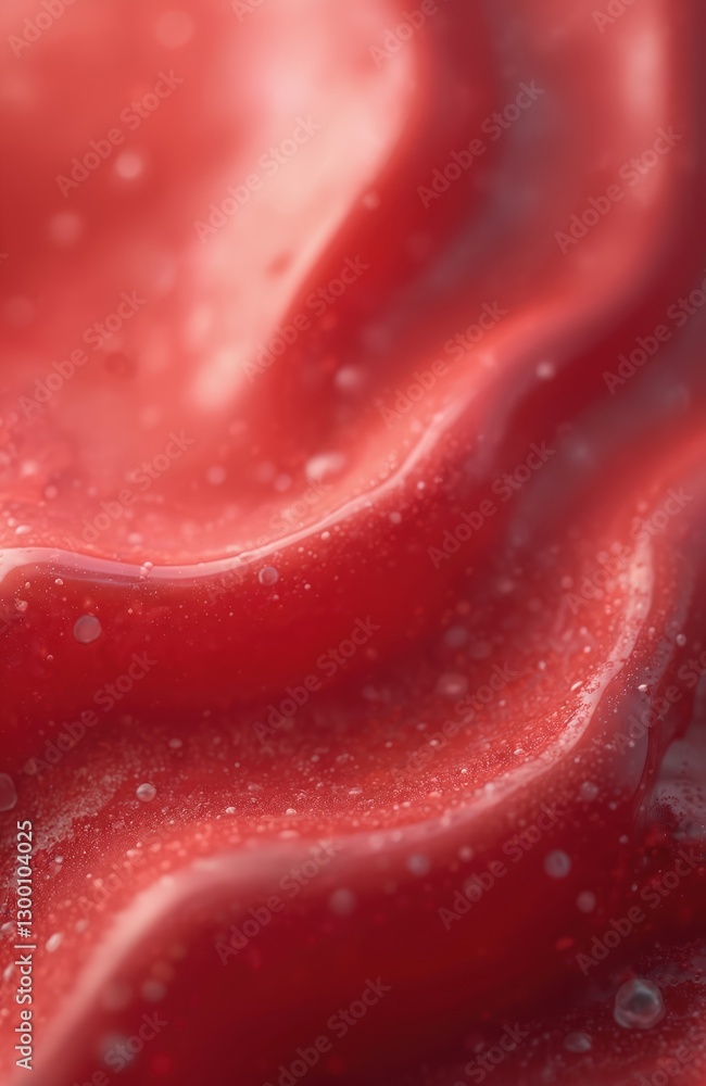 Poster close up of bright red liquid with wavy texture. smooth and glossy surface with blurry background an
