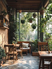 Fototapeta premium An inviting garden caf? with plants and wooden furniture