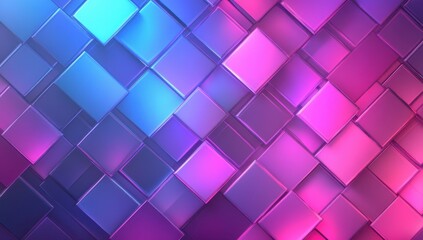 Abstract geometric background of multicolored squares in shades of blue and pink, creating a vibrant, modern digital design with depth and texture.