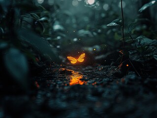 Enchanted forest, A glowing butterfly dances above a misty stream