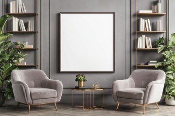 Elegant gray room mockup; blank canvas; waiting area; bookshelves