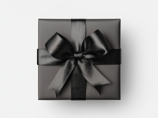 The image is of a black gift box with a black ribbon tied in a bow on top. The box is square in shape and appears to be made of a glossy material. The ribbon is tied in an elegant manner, with the bow