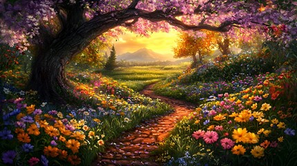 Vibrant Flower Path Through Sunlit Meadow At Sunset