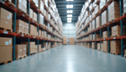 Blurred storehouse inventory with shelves full of supplies. Freight containers, cardboard boxes stacked on steel racks. Aisle ideal for concepts related to storage, inventory management, distribution.