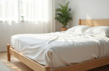 White fitted bedsheet corner on wooden bed frame. Elastic band secures sheet tightly. Clean, bright bedroom with natural light. Bedding presents comfort, minimalist design. Elegant home interior.