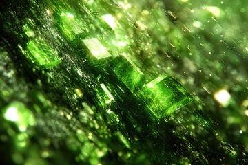 Close-up view of vibrant green crystals glistening with light on a textured surface, creating a magical atmosphere