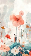 Two figures stand among blooming flowers under a painted sky