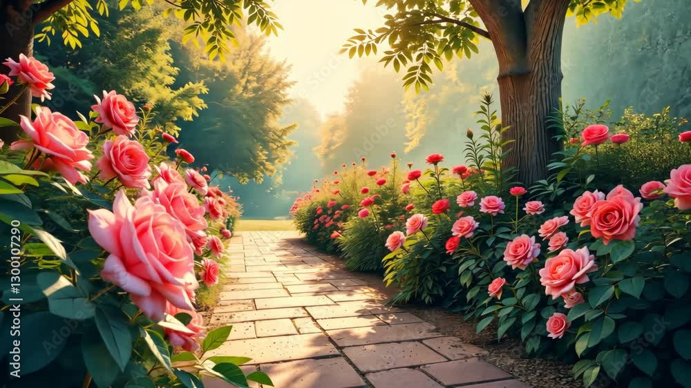 Aufkleber A path with a tree in the middle and a row of pink flowers on either side. The flowers are in full bloom and the path is lined with them