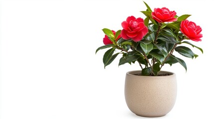 Naklejka premium Red Camellia Plant in Speckled Beige Pot Against White Background