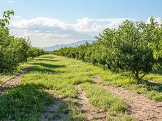 Obraz premium Verdant orchard landscape with rows of trees and distant mountains