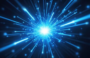 Blue neon light rays explode on dark night background. Generative AI image, visualizes modern cyber tech explosion, digital boom or magic burst with dynamic motion effect.
