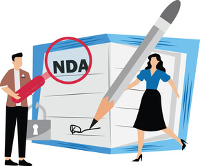 Obraz premium NDA or Non disclosure agreement contract businessman holding signing pen with NDA locked with padlock document.Non Disclosure Agreement