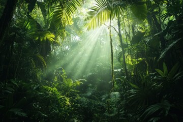 Sunbeams Illuminating Lush Green Rainforest Canopy